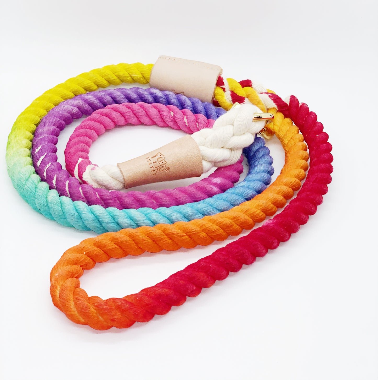 BULPET Eco Friendly Natural Cotton Handmade Dog Ombre Rainbow Rope Leash with Leather and Gold Brass Hardware/ All Dogs