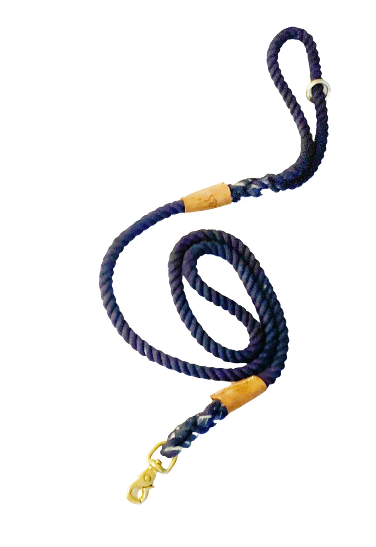 BULPET Eco Friendly Natural Cotton Durable Dog Dark Blue Rope Leash with Brown Leather and Gold Brass Hardware/ 5 and a half ft/ All Dogs