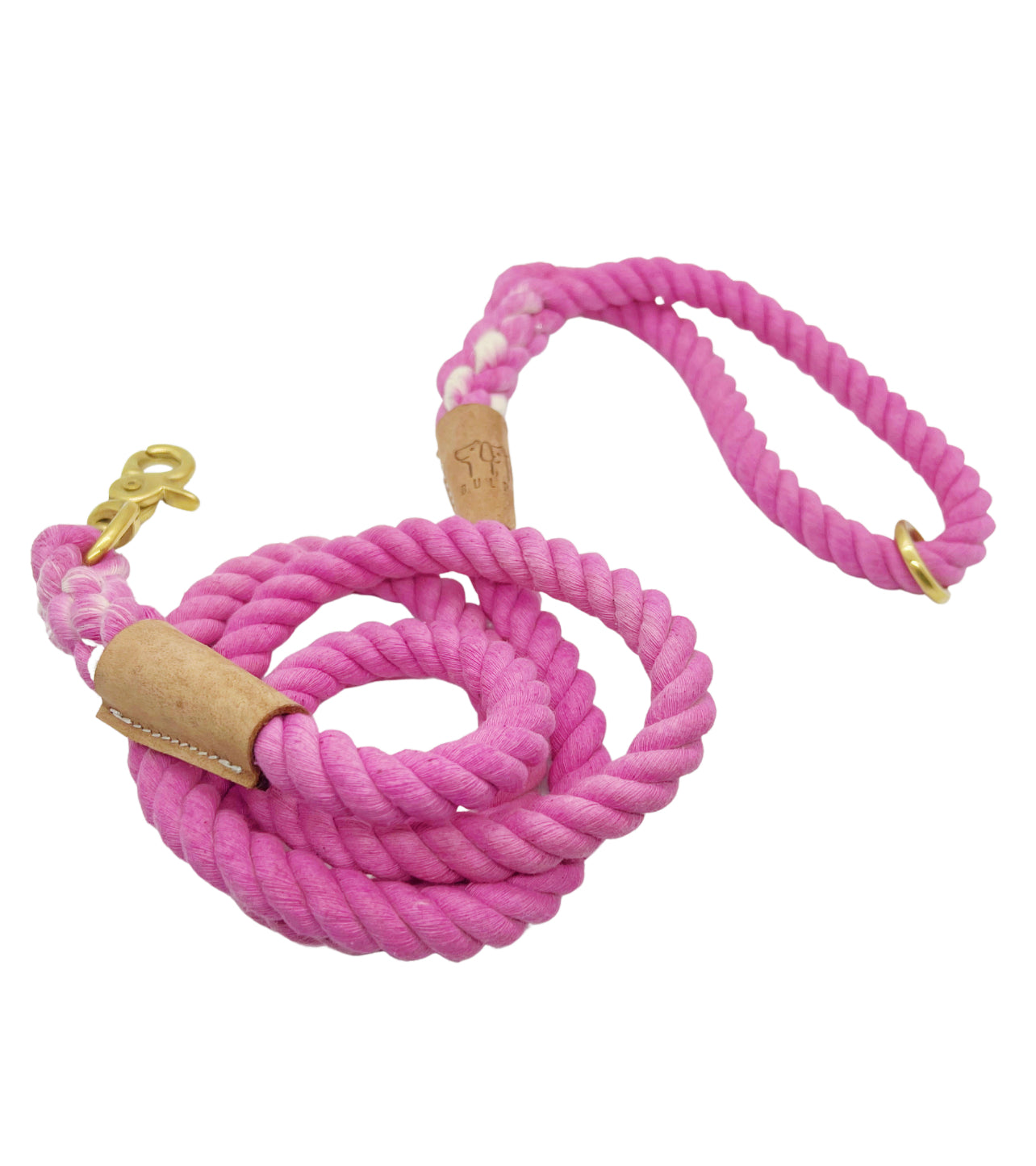 BULPET Eco Friendly Natural Cotton Durable Pink Rope Leash with Brown Leather and Gold Brass Hardware/ 5 and a half ft/ All Dogs
