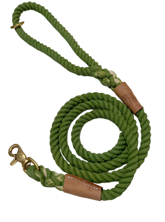 BULPET Eco Friendly Natural Cotton Durable Dog Green Rope Leash with Brown Leather and Gold Brass Hardware/ 5 and a half ft/ All Dogs