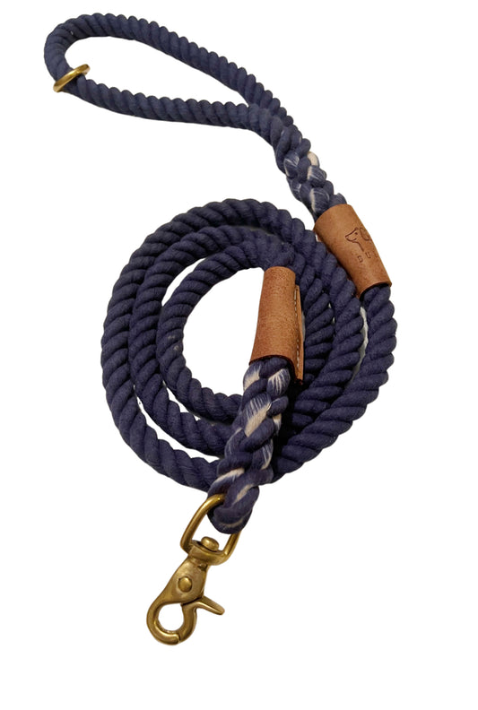 BULPET Eco Friendly Natural Cotton Durable Dog Dark Blue Rope Leash with Brown Leather and Gold Brass Hardware/ 5 and a half ft/ All Dogs