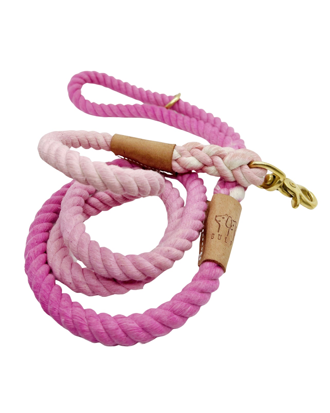 BULPET Eco Friendly Natural Cotton Handmade Dog Ombre Pink Rope Leash with Brown Leather and Gold Brass Hardware/ 5 Ft/ All Dogs