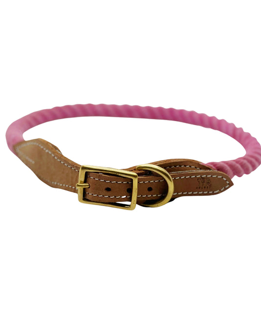 BULPET Eco Friendly Natural Cotton Durable Dog or Cat Pink Rope Collar with Brown  Leather and Gold Brass Hardware/ All Dogs