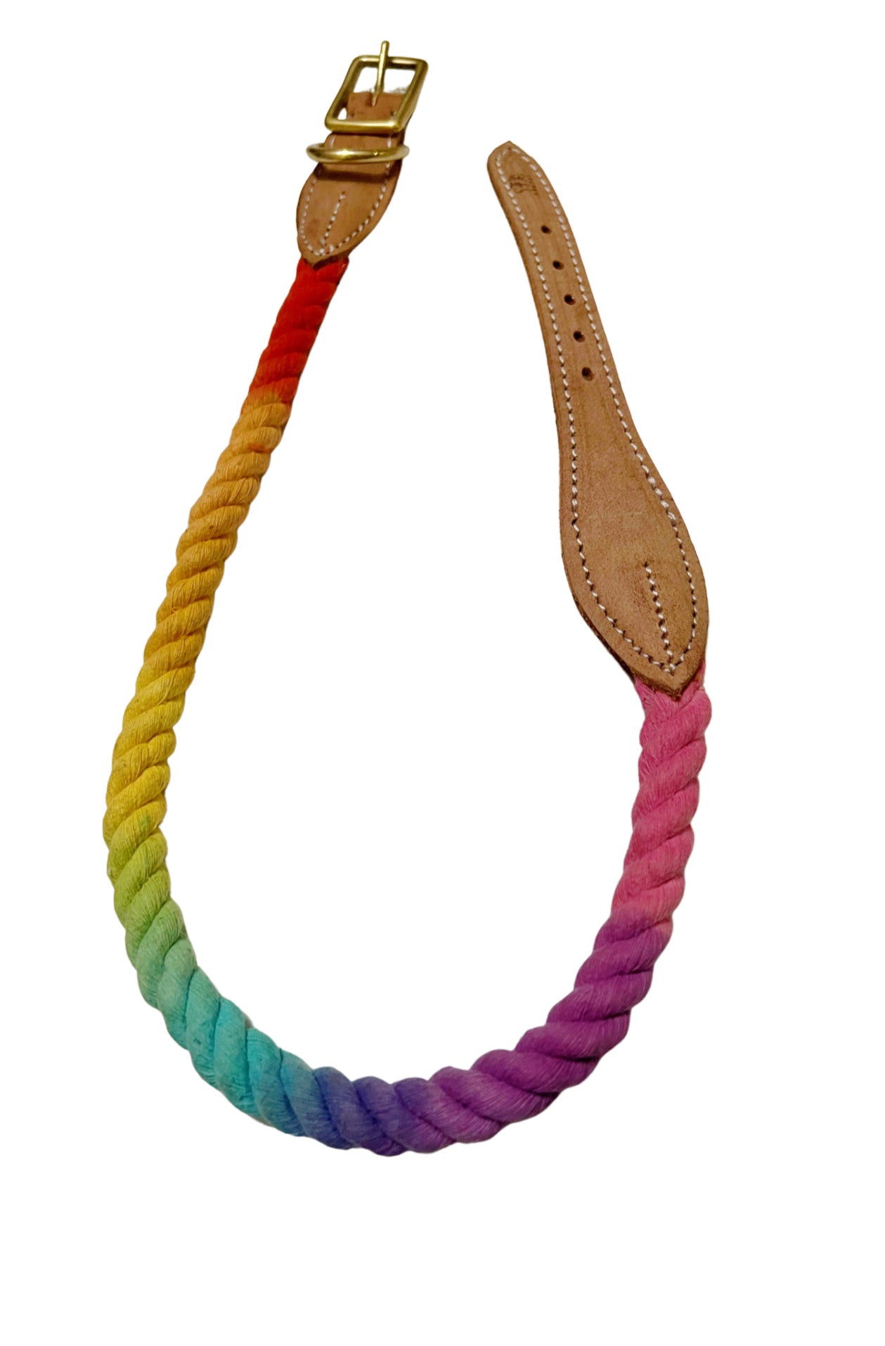BULPET Eco Friendly Natural Cotton Durable Dog or Cat Ombre Rainbow Rope Collar with Brown Leather and Gold Brass Hardware/ All Dogs