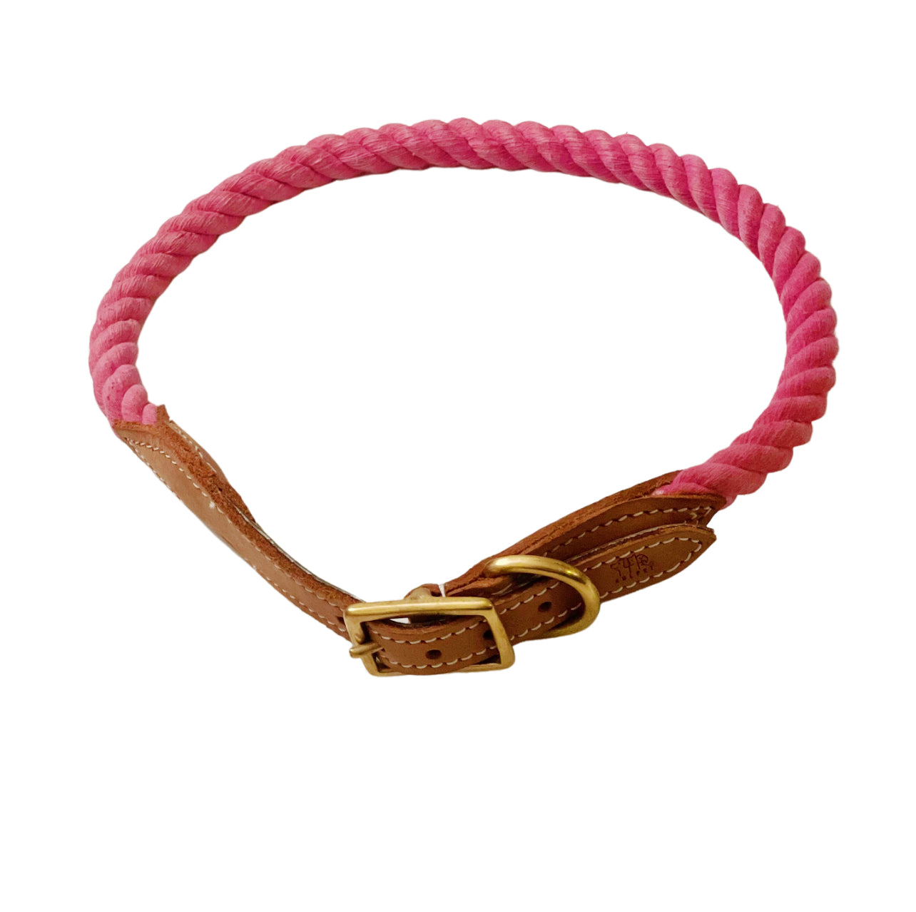 BULPET Eco Friendly Natural Cotton Durable Dog or Cat Pink Rope Collar with Brown  Leather and Gold Brass Hardware/ All Dogs