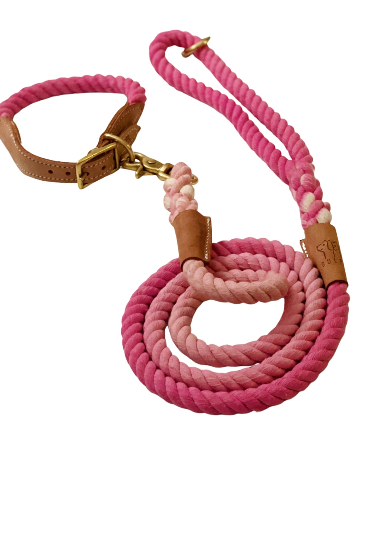 BULPET Eco Friendly Natural Cotton Handmade Dog Ombre Pink Rope Leash with Brown Leather and Gold Brass Hardware/ 5 Ft/ All Dogs