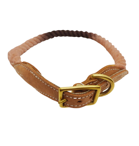 BULPET Eco Friendly Natural Cotton Durable Dog or Cat Ombre Brown Rope Collar with Brown Leather and Gold Brass Hardware/ All Dogs